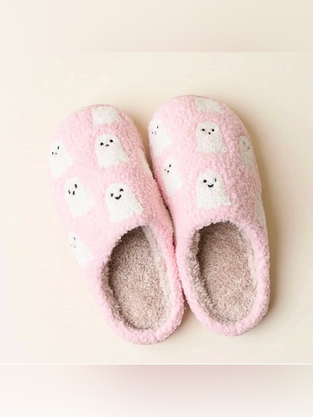 NWT The Darling Effect Pink Plush Women's Slip-On Slippers with Ghost Accents
